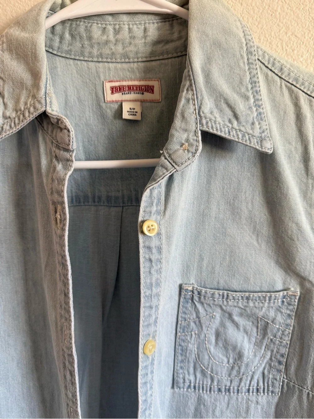True Religion Pale Blue Denim Short Sleeve Button-Up Shirt